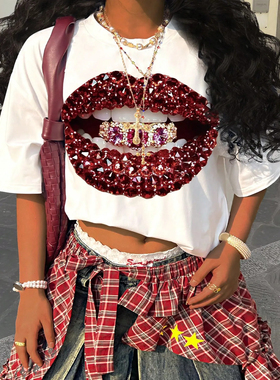 UK style跨境欧美嘻哈搞怪Curiosity嘴唇图印花小众休闲宽松短袖