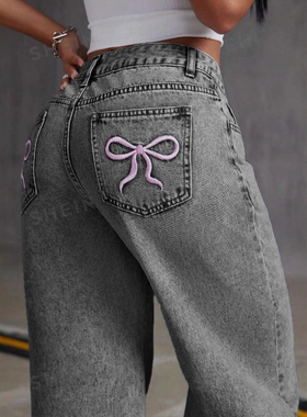 美式Y2K蝴蝶结图案牛仔裤女休闲长裤Embroidered jeans with bows