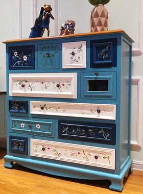 W7美式五斗柜储物柜玄关蓝色客厅柜子实木地中海十二斗卧室收纳装