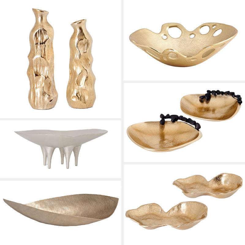 欧式轻奢金属铝制金色异形花瓶不规则托盘摆件玄关花器装饰水果盘