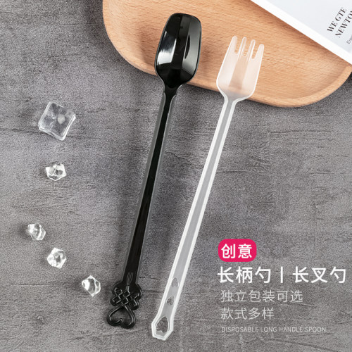 21cm长柄水果茶叉勺单独包装塑料烧仙草勺奶茶店一次性长勺子