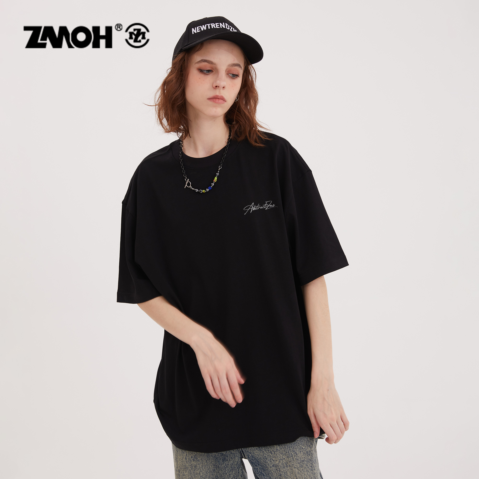 ZMOH美式情侣短袖2025年夏季新款潮流男装纯棉重磅落肩上衣T恤女
