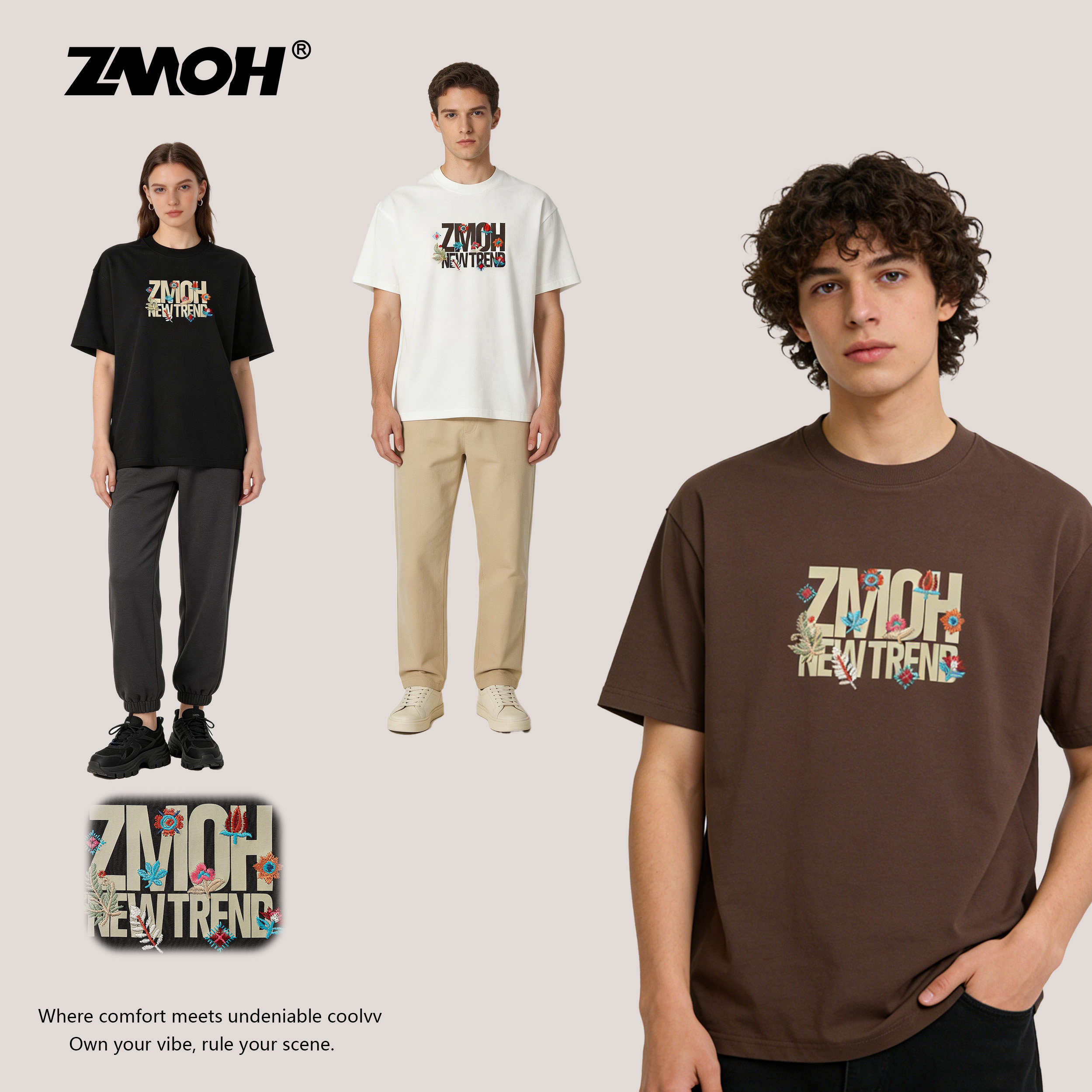 ZMOH圆领男士短袖2026年夏季纯棉美式字母刺绣透气T恤落肩女上衣