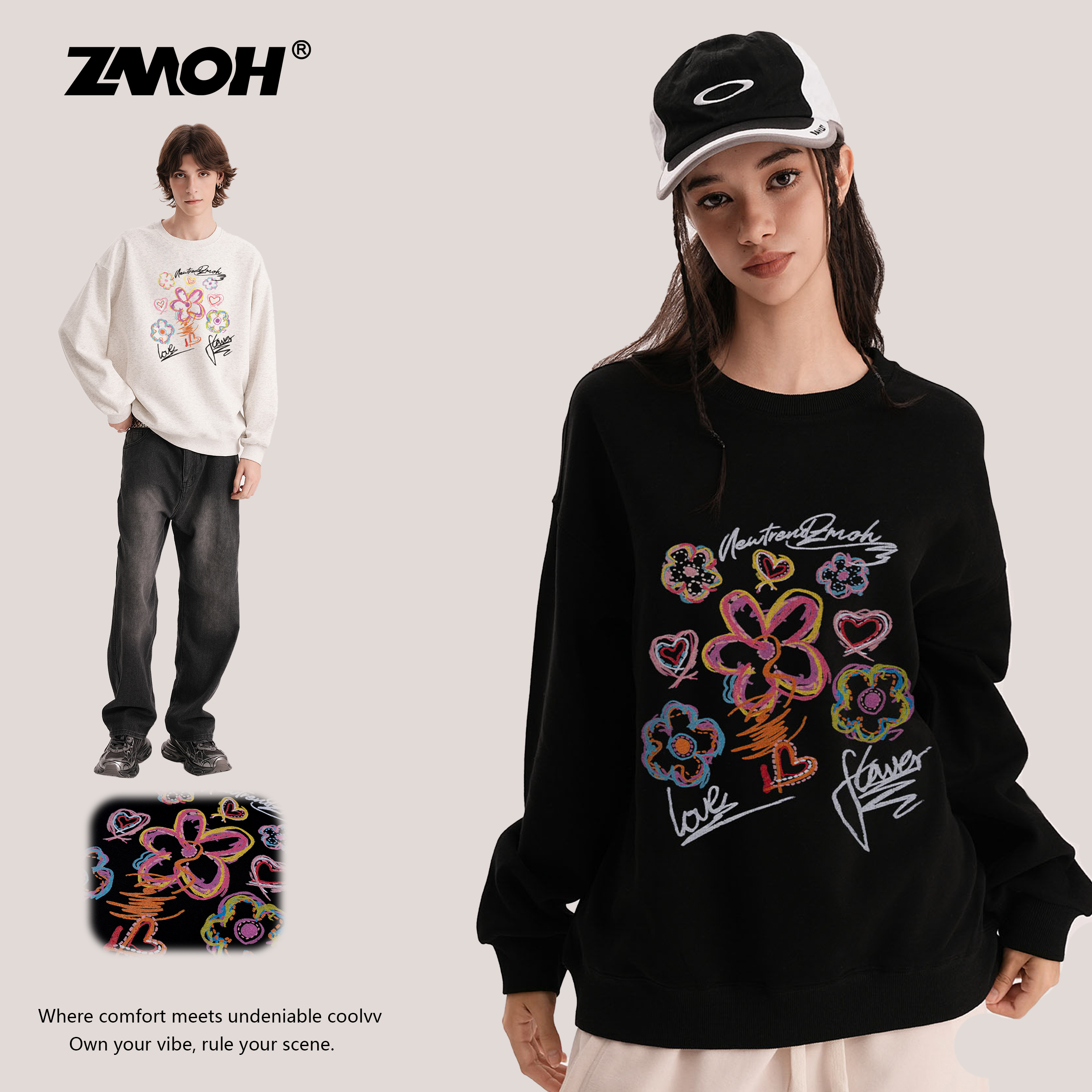 ZMOH圆领卫衣2025年秋季新款情侣美式宽松男休闲女士大码长袖上衣