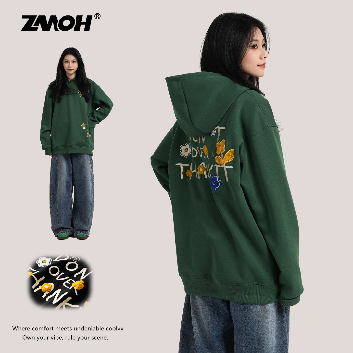 ZMOH情侣刺绣连帽卫衣2025年新款美式长袖男休闲女大码打底上衣