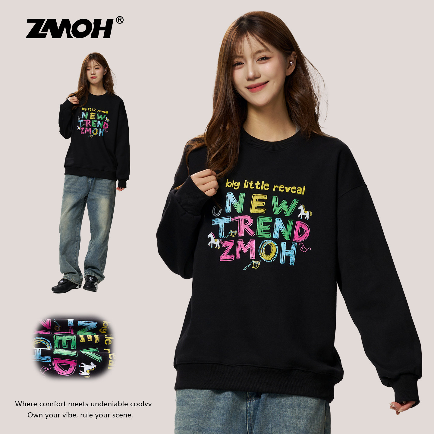 ZMOH情侣加绒圆领卫衣2025年秋冬新款男士保暖长袖女生涂鸦上衣,男装,卫衣,淘宝优惠券,粉丝福利购,淘宝优惠卷