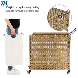 藤编洗衣篮手移工编织可折叠洗衣储物箱带衬动量滑ZM-25003轮大容