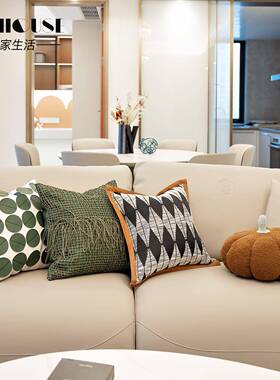 A1L样板间客0厅沙发抱枕黑色包大菱格包棕皮F77JS9H8方枕床上靠办