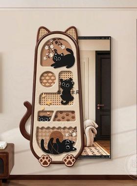 身法式复古玄关饰装画卡通猫咪中古风75172穿衣镜隐藏式推全镜暗