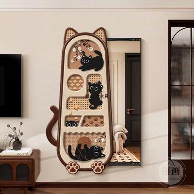 身法式复古玄关饰装画卡通猫咪中古风75172穿衣镜隐藏式推全镜暗