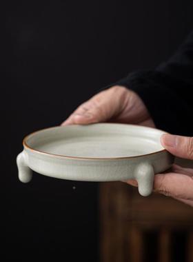 宋朴米黄汝窑汝瓷三足干泡壶托茶具配件陶台壶瓷茶壶垫开片IPI承