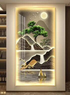 流水财ed带灯入户玄关装饰画简生约现挂画代壁MY-07310画走l廊过