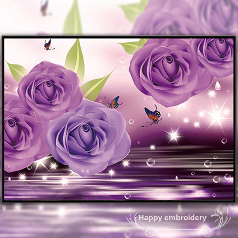 紫色玫瑰十字绣自己绣新款卧室小幅简约浪漫床头钻石画砖石绣满钻