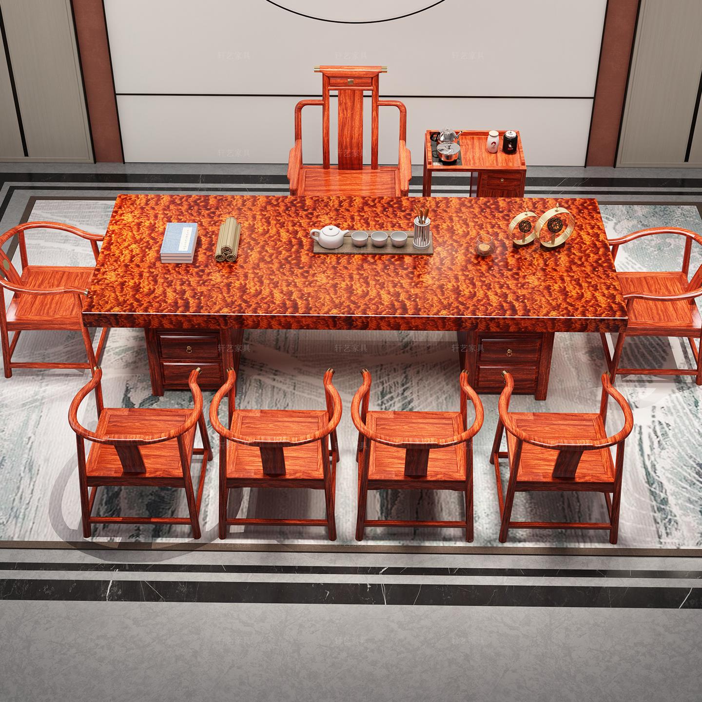 巴花整板实木大板一桌五椅茶桌椅组合巴西花梨木高端办公室泡茶台