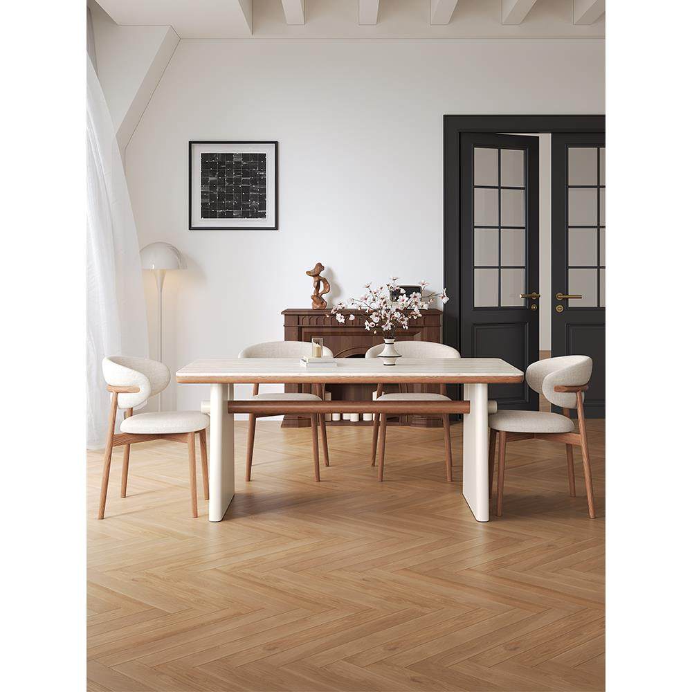 实木岩板餐桌长方形现代简约家用小户型法式覆古风洞石吃饭桌子