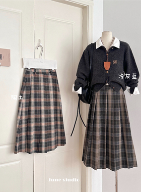 学院风高腰格子半身裙女秋冬季复古气质百褶裙显瘦a字中长裙伞裙