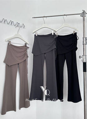 VQ设计感休闲裤女秋季2024新款韩系抽绳假两件高腰垂感直筒裤裙裤