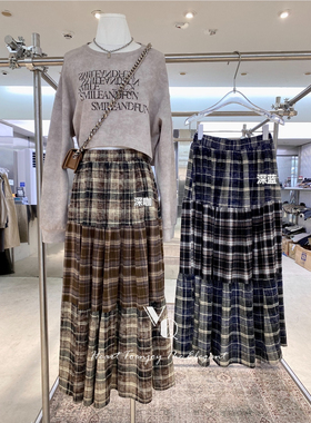 VQ 秋季新款复古格纹A字半身裙中长款松紧腰拼接蛋糕裙毛呢格子裙