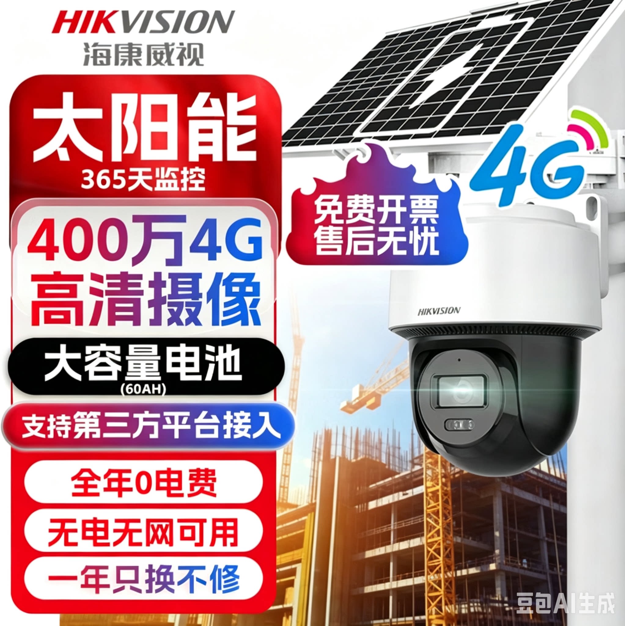 海康威视4G 400万太阳能室外球机智能全彩语音对讲2DE2Q140MXLAV2