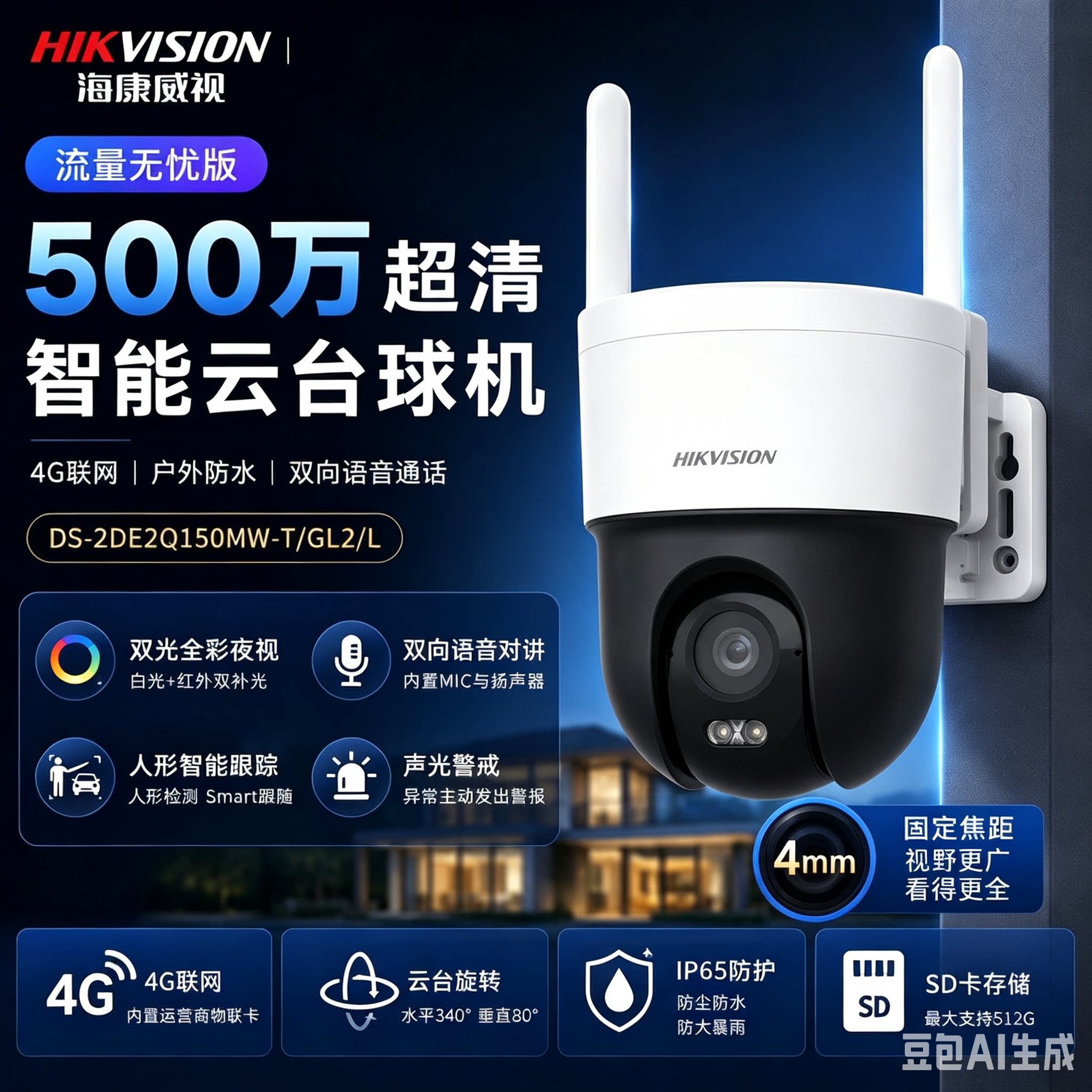 海康威视4G监控器摄像头360度全景手机远程500万高清2DE2Q150MW-T