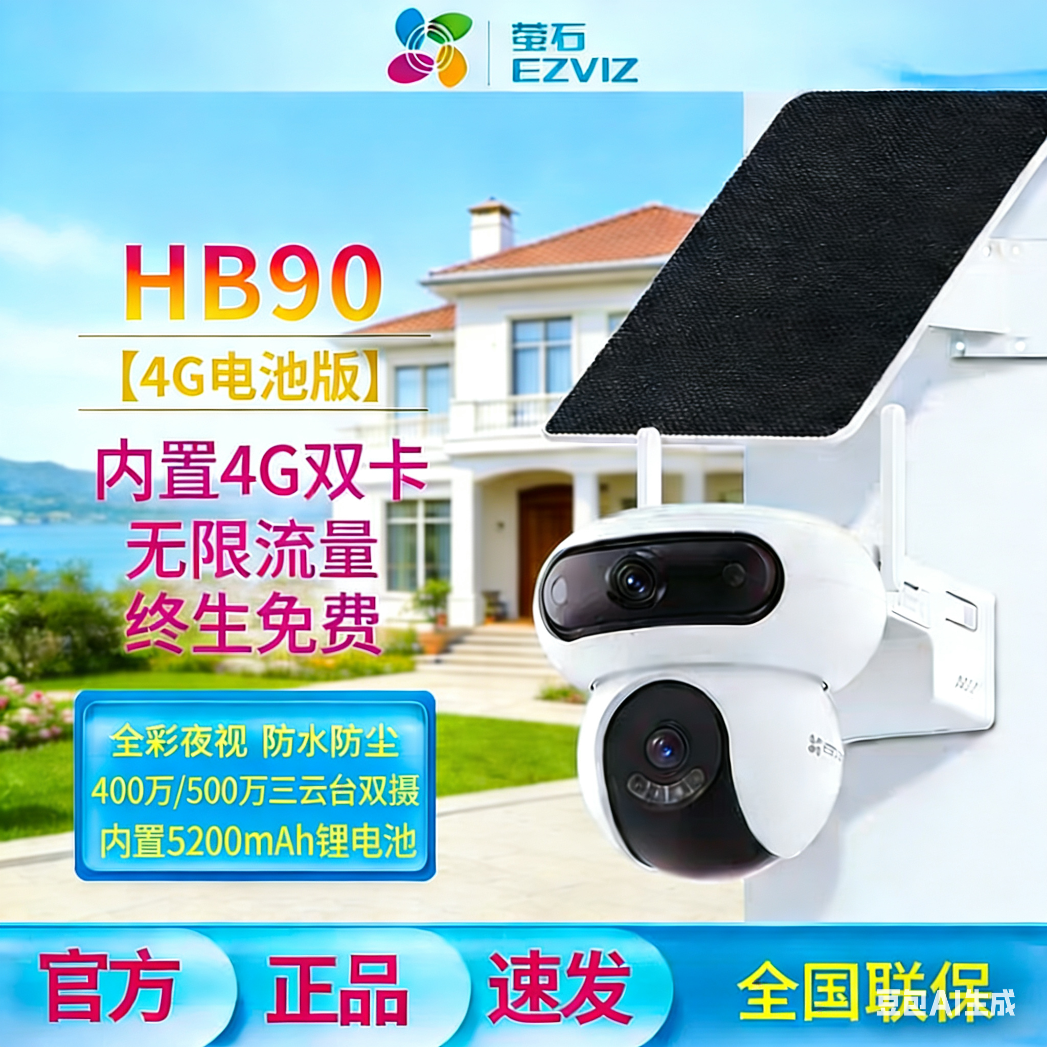 萤石HB90室外太阳能电池版500W双摄4G终身流量全彩夜视智能摄像头