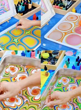 儿童水拓画颜料diy材料包水拓扇子套装水上画画涂鸦湿Z拓画浮水画