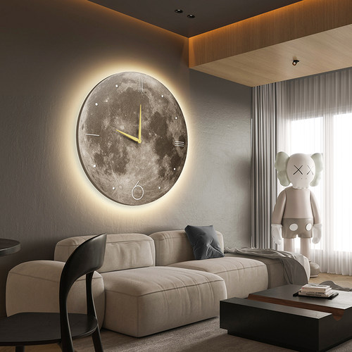实物画圆形月球带钟表时钟玄关画过道F走廊客厅挂画餐厅装饰画饭