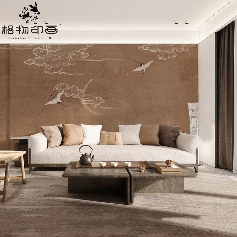 现代中式意境祥云仙鹤客厅卧室背景墙纸壁布书房茶室酒店定制壁画