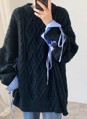 港风抽绳条纹衬衫堆堆袖拼接麻w花毛衣 设计感潮宽松大码毛衣5511