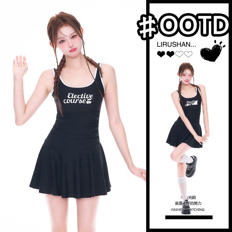 少女泳衣女夏高级感连体裙式黑色纯E欲学生甜妹可爱日系女孩游泳