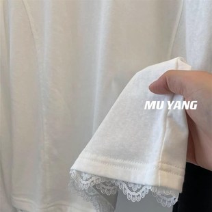 300斤特大码欧货磨毛加厚蕾丝下摆拼接长袖白色t恤男女打底衫内搭