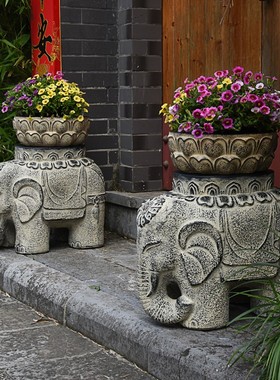 大象仿石墩户外农家民宿小院子庭院花园布置园林景观门口花盆装饰