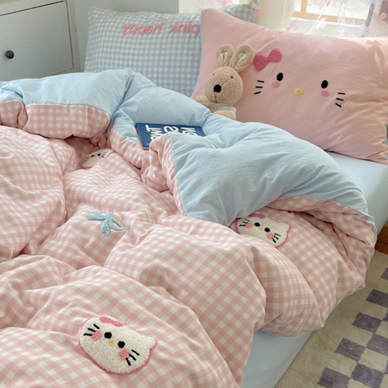 ins纯棉四件套A类全棉床单被套可爱猫咪刺绣宿舍床上三件套少女心
