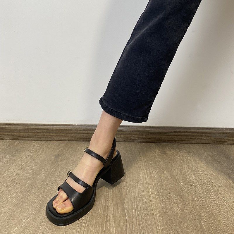Fermina 黑色厚底粗跟凉鞋女百搭学院风露趾一字带高跟凉鞋夏季新,女鞋,一字带凉鞋,淘宝优惠券,粉丝福利购,淘宝优惠卷