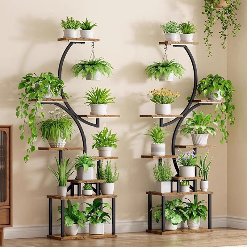 高级感花架带植物k灯室内植物架多层阳台客厅田园落地式铁艺花盆