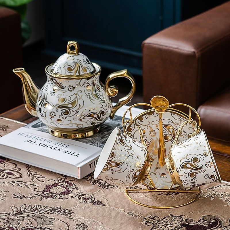 新疆西藏包邮描金陶瓷泡茶壶1L 过滤孔大号大容量茶壶茶杯套装家