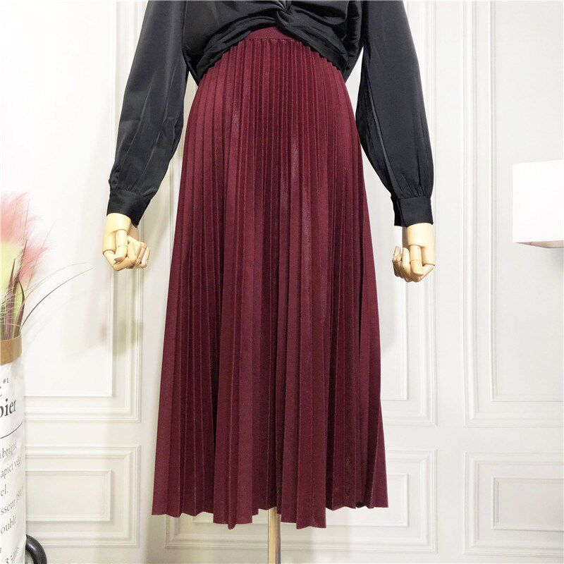 缎面亮丝通勤风琴褶纯色松紧腰中长款百褶裙垂坠感酒红色秋冬