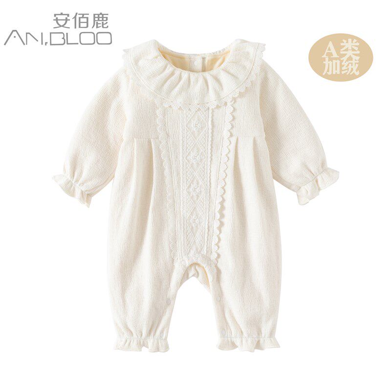 秋冬新款婴儿h加绒连体衣女爬服保暖婴儿洋气外出服公主连身衣冬