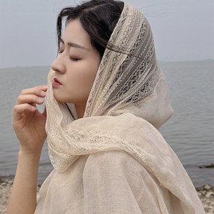 MIXMIcSS【超仙蕾丝】拼接棉围巾新疆阿联酋旅游头巾披肩遮阳多用