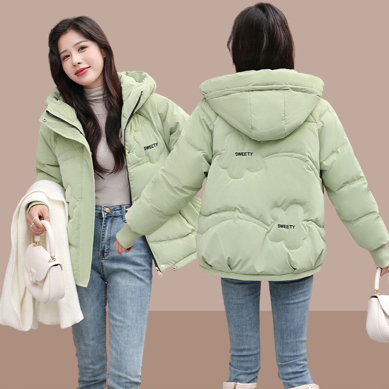羽绒棉服女款2i024冬季新款加厚面包服小个子连帽百搭绿色短款棉