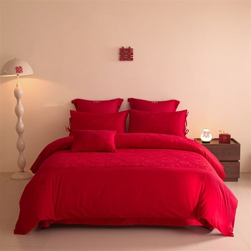长绒棉结婚四件套婚庆大红色纯棉被套新婚房喜庆婚嫁六件床上用品