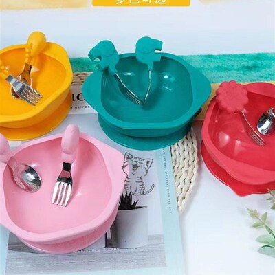 Marcus婴幼儿训练n不锈钢叉子和勺子食物补充硅胶吸盘碗防摔喂养