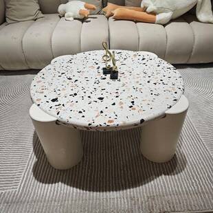 奶油石水磨实木茶几红小户型家用网圆形现代风简约CJ 632大象腿茶