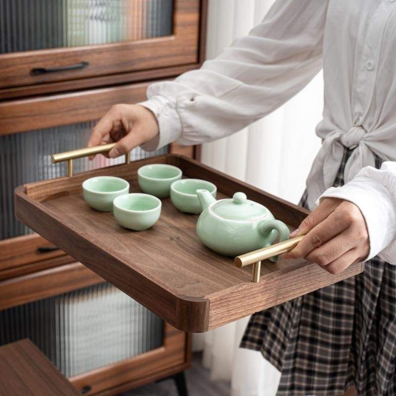 黑胡桃木轻奢复古实木托盘茶盘长方形木托盘大号木质收纳盘子家用