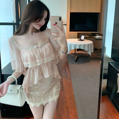 荷叶边蕾丝拼接方领短袖衬衫女夏季时尚套装提花包臀半身裙两件套