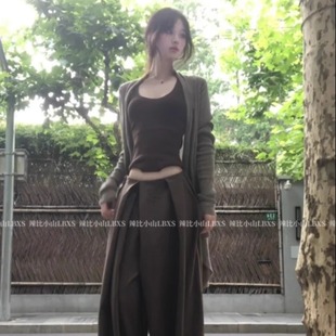 复古辣妹慵懒风长袖 不规则针织开衫 叠穿吊带背心女高腰阔腿裤 套装