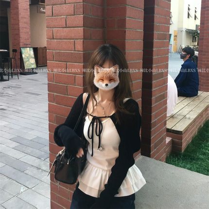 甜美少女感系带长袖防晒针织开衫叠穿花边吊带背心女上衣两件套装