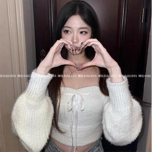 女叠穿针织抹胸背心上衣两件套 毛衣披肩开衫 性感纯欲风短款 灯笼袖