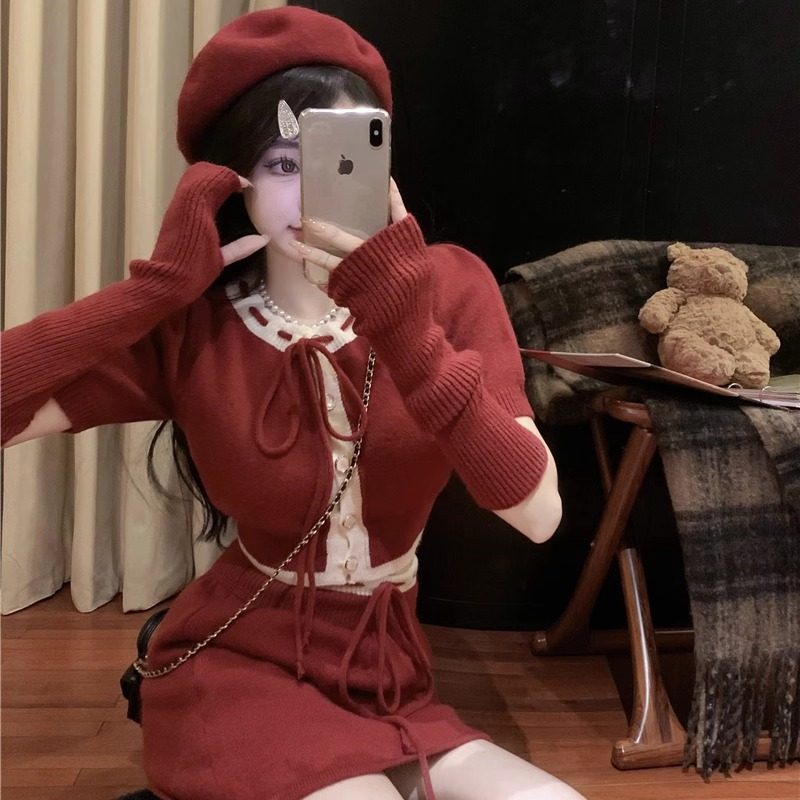 圣诞氛围感红色袖套毛衣高腰显瘦半身短裙女2024冬季新款针织套装,女装/女士精品,时尚套装,淘宝优惠券,粉丝福利购,淘宝优惠卷