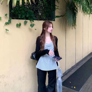 防晒开衫 韩系甜美风蕾丝边格纹吊带背心女叠穿轻薄长袖 外套两件套